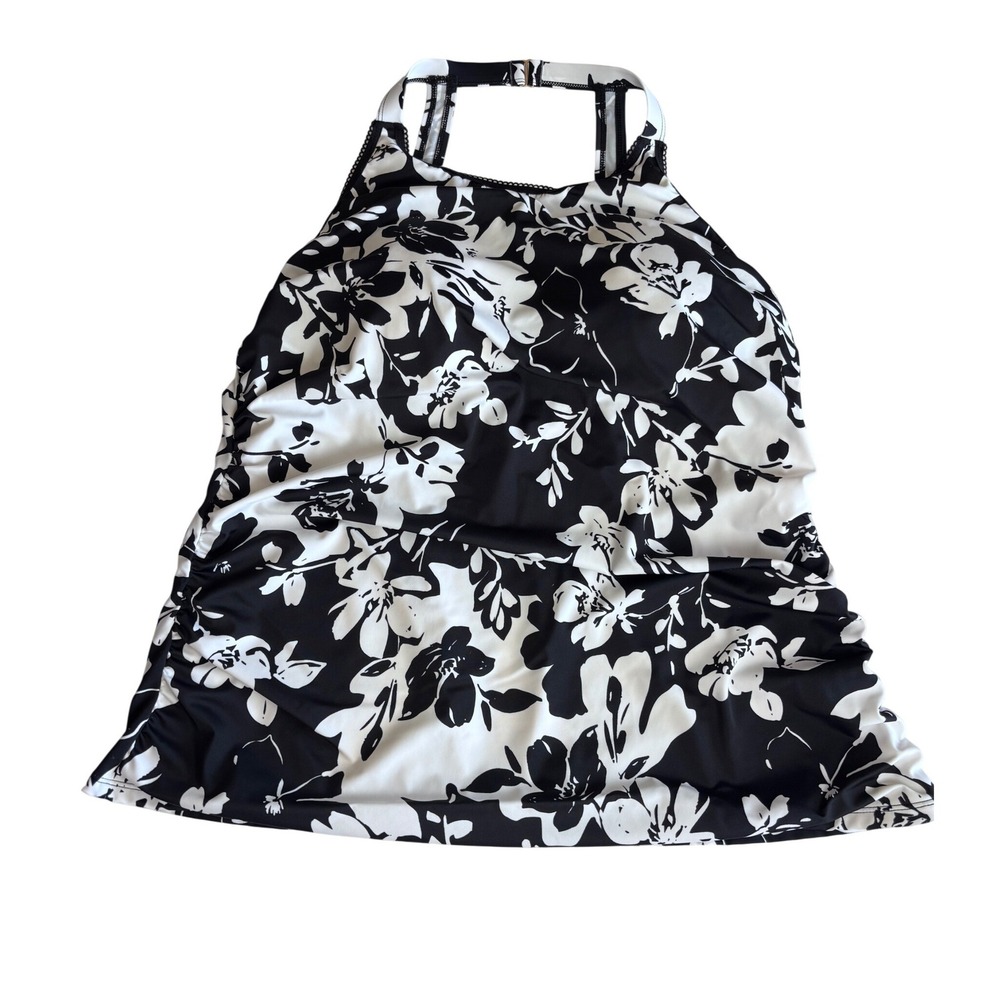 Susan Graver Womens 20W Tankini Swim Top Black White Floral Ruched High Neck